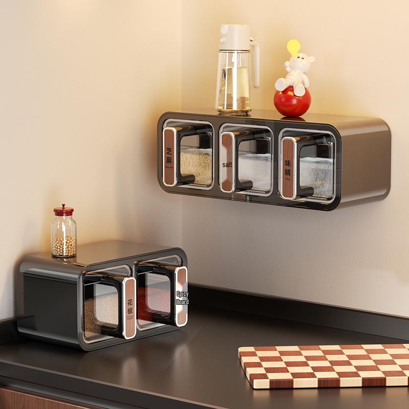 Wall-Mounted Multi-Compartment Kitchen Seasoning Jar Set: Moisture-Proof, Sealed Jars for Spices, Salt, and Chili.