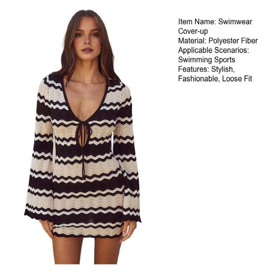 Women's Swimwear Cover-Up Striped Crochet Hollow Out Mesh Beach Dress V-Neck Tie Front Long Sleeve Summer Bathing Suit for Beach Vacation
