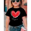 Europäische Größen Mädchen Sommer Kurzarm T-Shirt - Lässiges Rundhals Oberteil mit Rotem Herz & Schwarzer Linienkunst Cartoon Print