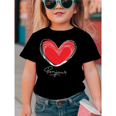 European Sizes Girls' Summer Short Sleeve T-Shirt - Casual Round Neck Top with Red Heart & Black Line Art Cartoon Print