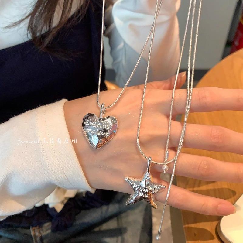 Silver Star Heart Pull Adjustable Clavicle Necklace Fashion Sweater Chain For Women