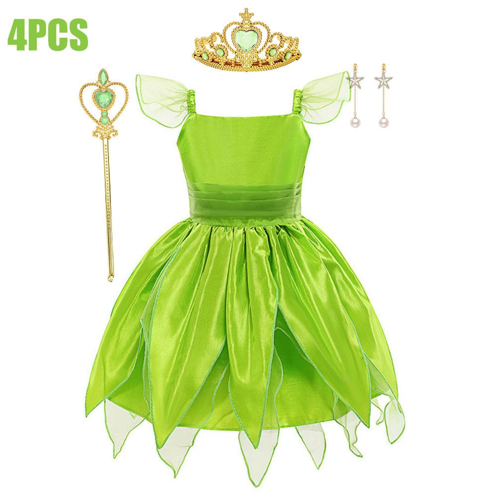 Kids Girl Cosplay Bell Costume Halloween Role Playing Green Dress Fancy Fairy Princess Cosplay Birthday Party Dresses Knee Lengt