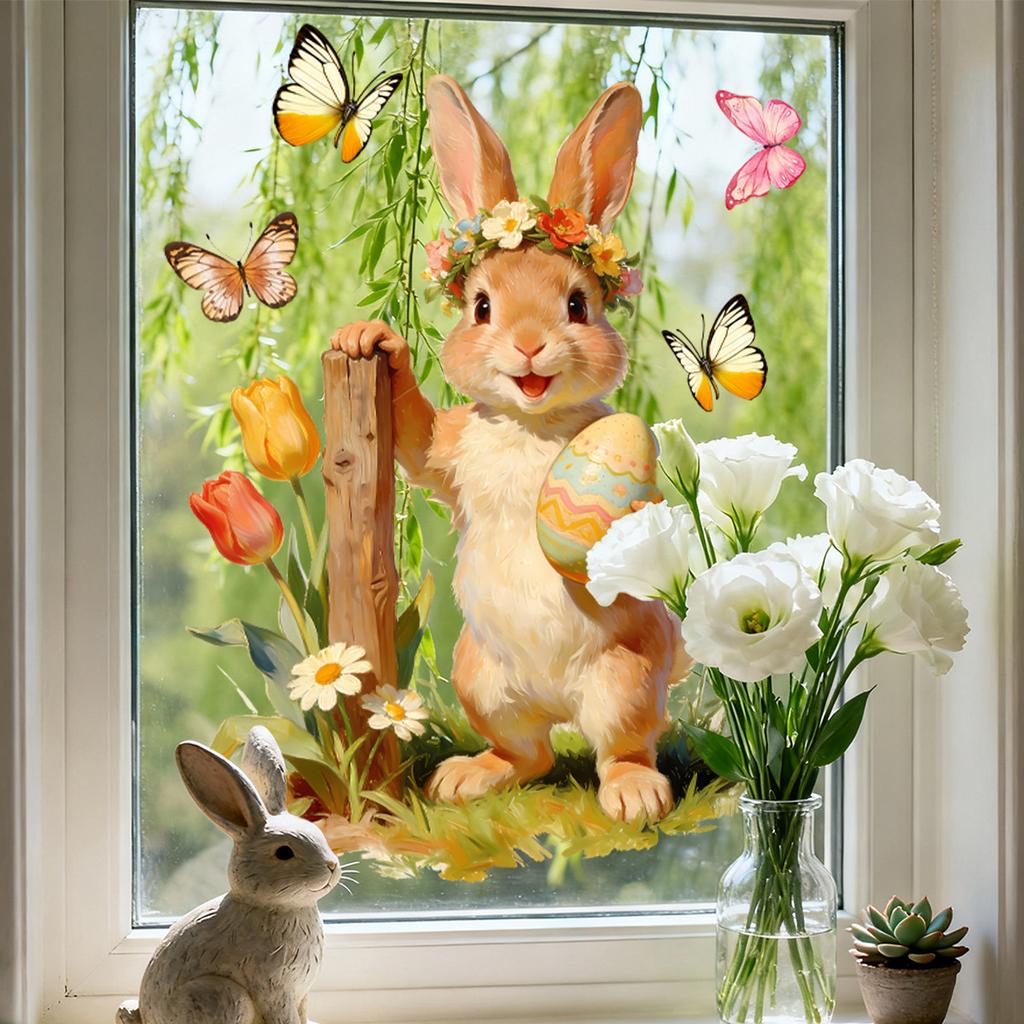 Easter Window Stickers, Creative Cute Floral Bunny Eggs Decor, Static Cling Glass Decals for Bedroom Living Room Holiday Decoration