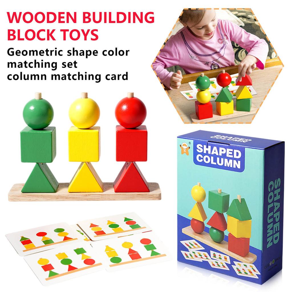 Wooden Building Block Toy, Geometric Shape Color Matching Set Of Posts With Cards