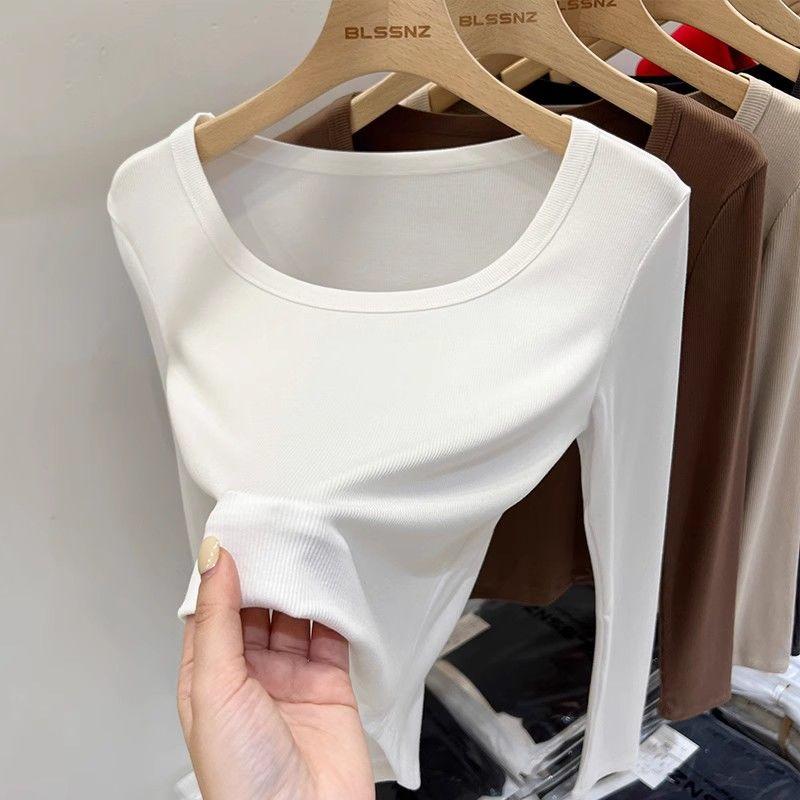 Neues Textur U-Ausschnitt Langarm T-Shirt Damen Geripptes Baumwoll-Basisshirt