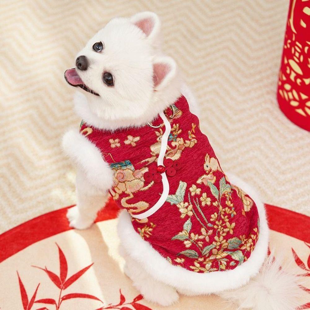 Cute Thick Velvet New Year's Dog Cat Clothing Chinese Style Comfortable Cat Dog Vest Soft Tang Clothing Pet Coat Autumn Winter