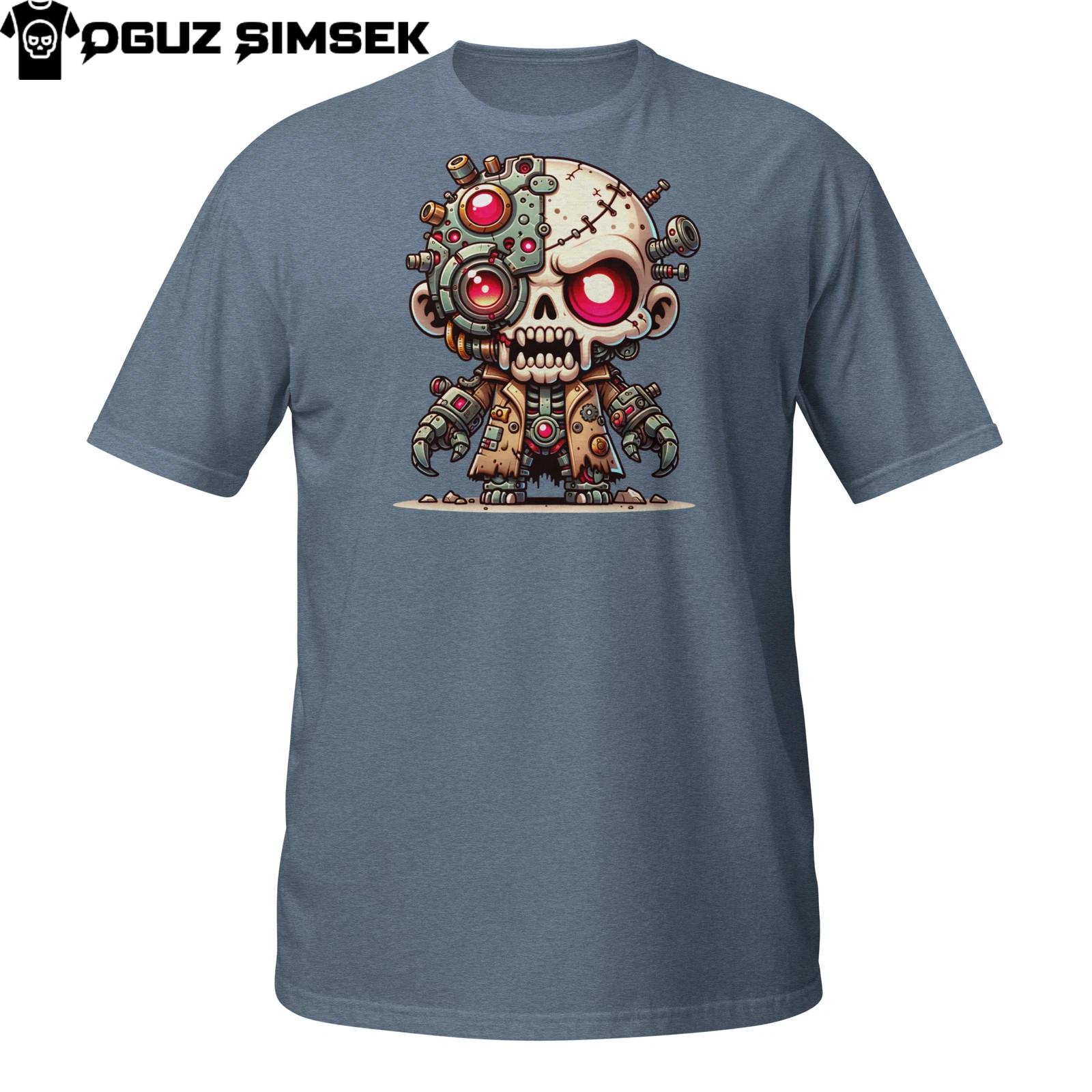 Cyborg Skeleton T-Shirt Mens Womens Tees Top | Half Robot Undead Skull | Sci-Fi Horror Chibi Design M