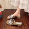 Open-toed slippers women's summer new square heel middle heel outer wear fashionable and simple casual cool slippers beach one-word drag