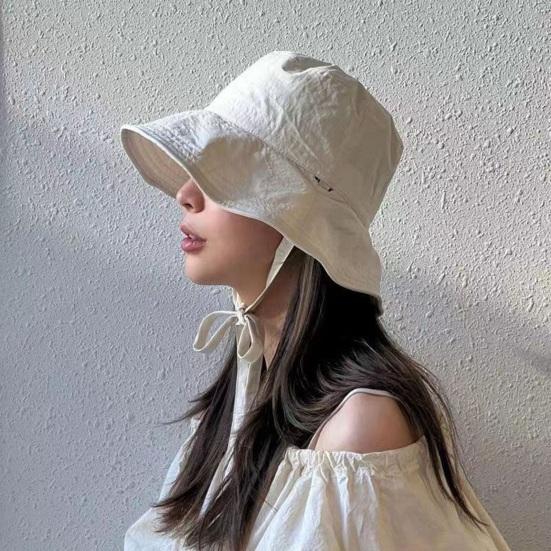 Women Fisherman Hat Lace Up Windproof Fixed Strap Wide Brim Solid Color Sunshade Anti-UV Flat Top Soft Breathable Foldable Basin Hat Lady Summer Cap