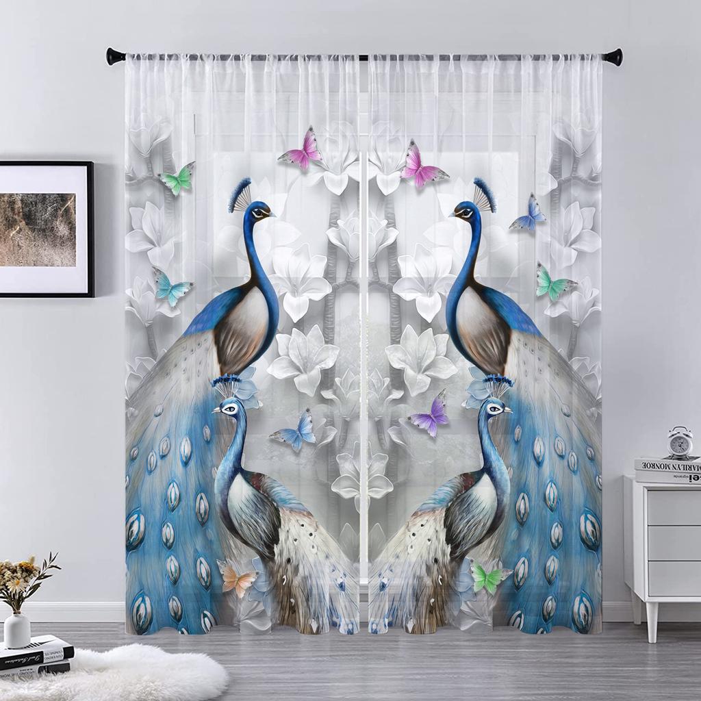 Animal Peacock Forest Stone Tulle Sheer Window Curtains for Living Room Bedroom Modern Tulle Voile Curtains Drapes Decoration