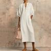 Robe d'été en coton et lin pour femme Robe tunique longue décontractée à manches courtes bouffantes Fermeture éclair Col rond Coupe ample Robe de vacances avec poches