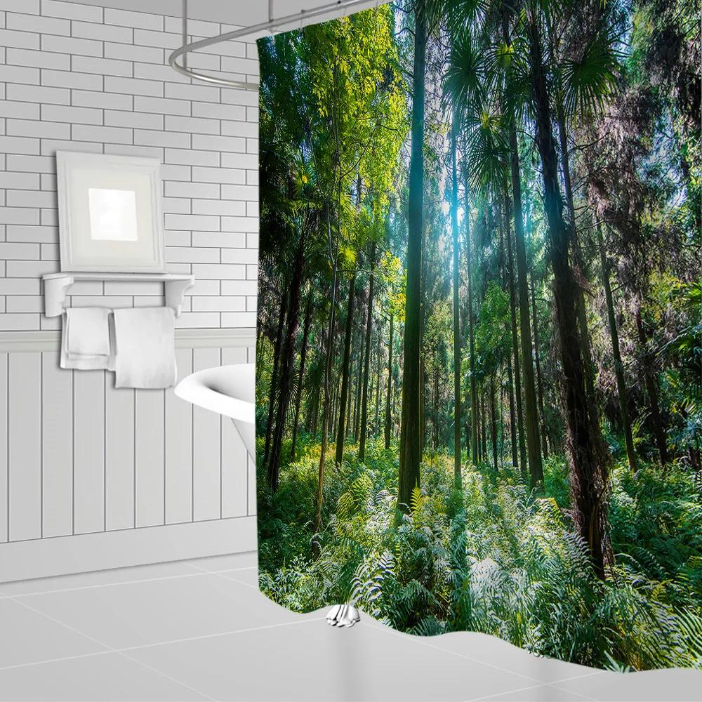 Natural Scenery Shower Curtains Green Tree Floral Plant Landscape Pattern Spring Summer Bathroom Decor Polyester Cloth Curtain