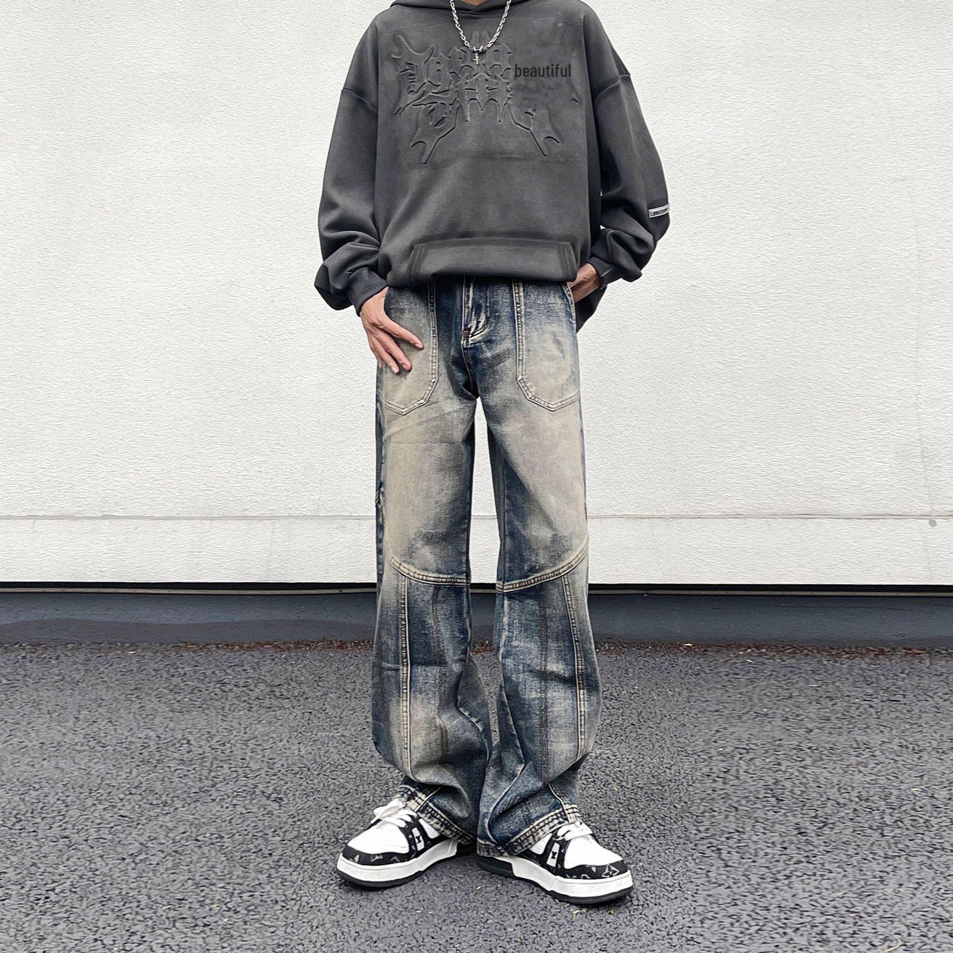 

Желтые ретро-лоскутные широкие мужские джинсы L