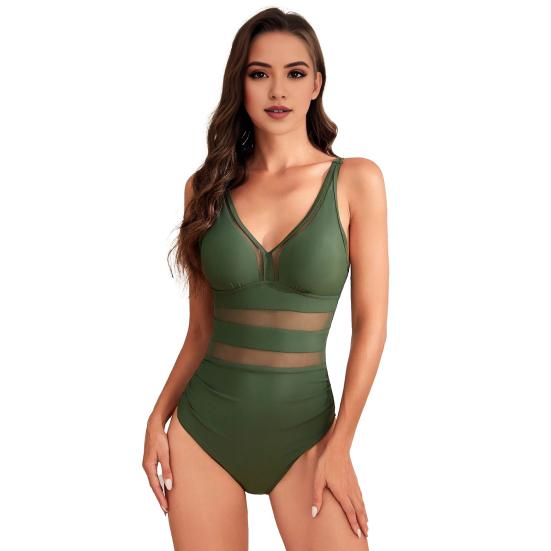 Women Sexy Monokini Deep V-neck Sleeveless One-Piece Swimsuit Hollow Mesh Splicing High Waist S-Shaped Swimwear