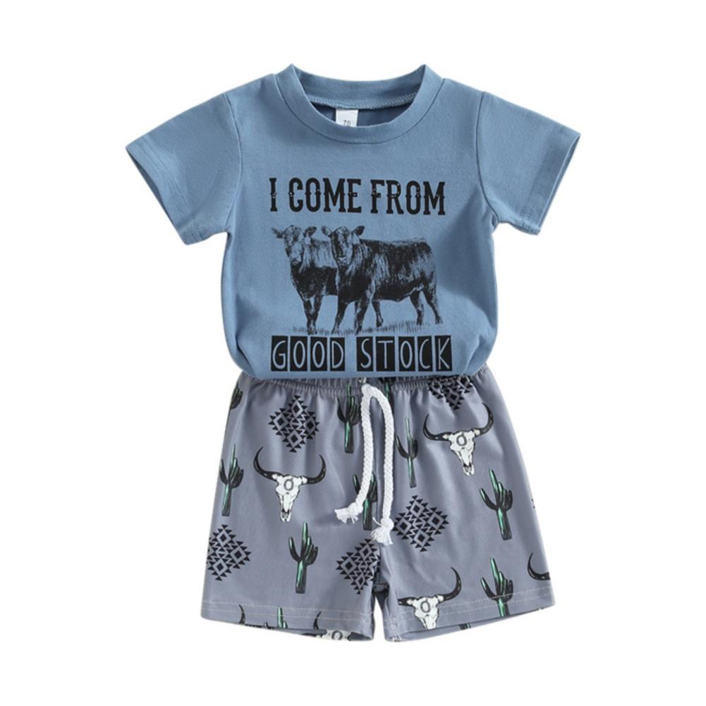 Conjunto de roupas de bebê estampado de gado, camiseta de manga curta + shorts com cordão, 2 peças, roupas casuais para bebês, roupas para crianças pequenas
