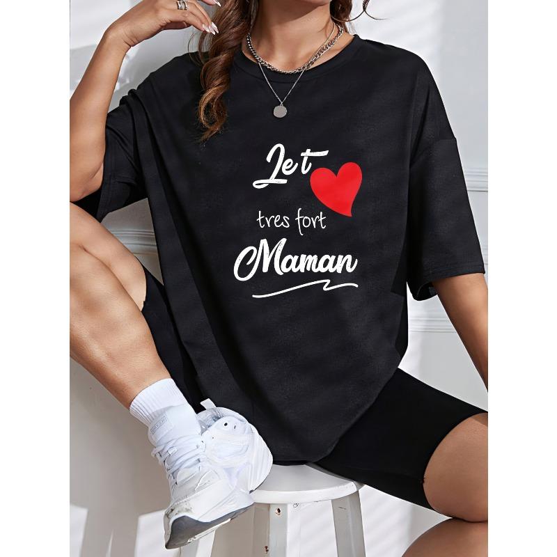 White Crewneck T-Shirt With Heart And Maman Text For Mother Day Gift