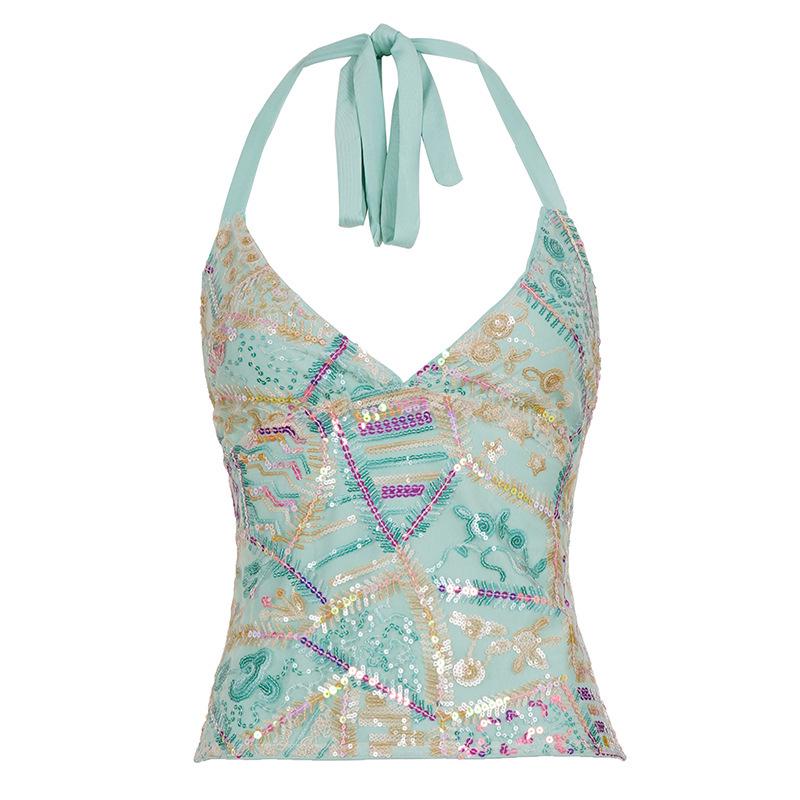 Beach Resort Retro Sequin Color Block V-Neck Halter Backless Tie-Up Slim Fit Women s Tank Top Large зелёный