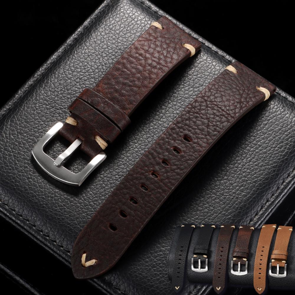 Handmade Cowhide Leather Strap 18mm 20m 22mm Black Brown Leather Bracelet Retro Women Men Watch Accessories for Smart Watch Band