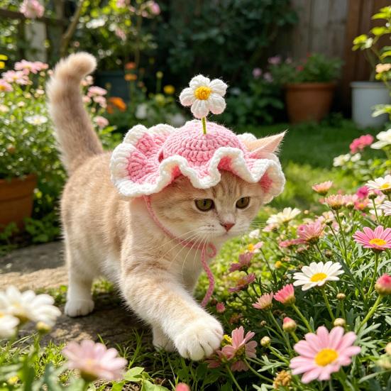 Crochet Flower Cat Hat Handmade Scalloped Pet Hat with Flower Ear Holes Cute Flower Hat for Small Medium Dogs Cats Party Photo Props