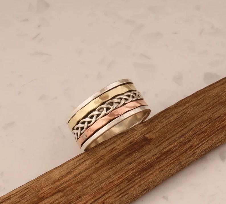 Solid 925 Sterling Silver Ring, Three Tone Spinner Band Ring, Dainty Ring, Spinner Ring, Party Ring, Men Women Ring