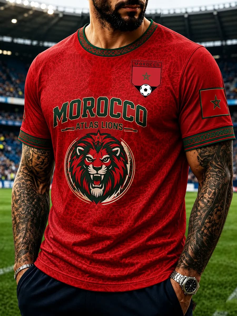 Huiteng12 2026 Marokko Voetbal Fans T-shirt Heren Rood Letterprint Korte Mouw T-shirt Team Voetbal Supporter Casual Sportshirt Top M