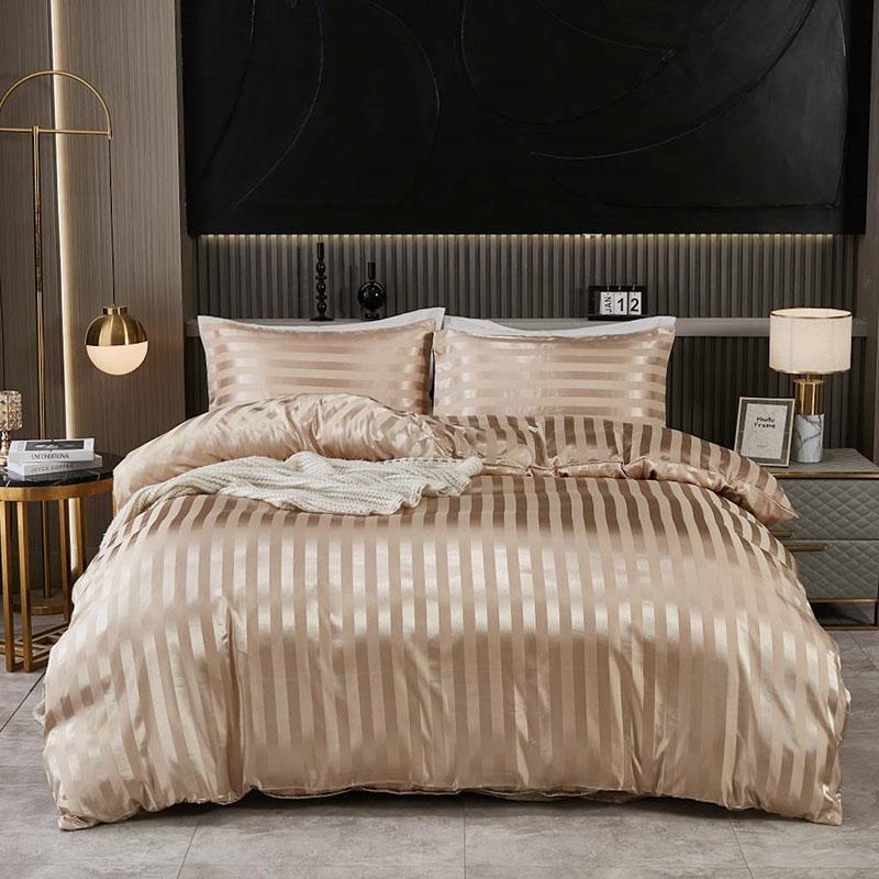 Satin Faux Silk Striped Duvet Cover Set High-Quality Solid Smooth Summer Cooling Comforter Sets Adult Soft Bedclothes for Home