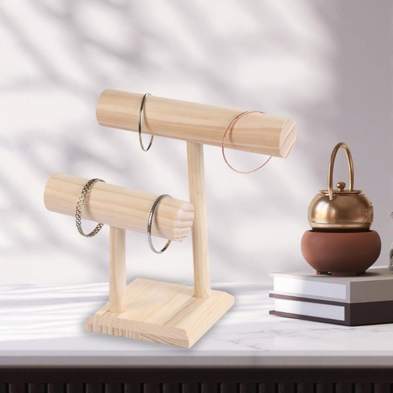 Wood Bracelet Organizers Stand Natural Wood Two Level Bracelet Rack Storage Holder for Organizing Accessories