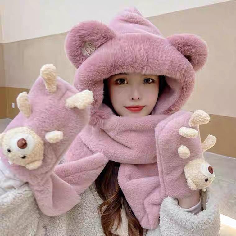 Little Bear Winter Hat & Ear Muffs Set: Cute Plush Hood with Gloves & Scarf 3-Piece for Kids