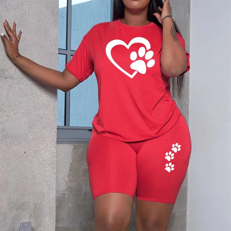Summer Hot Sale Women's Cute Heart Print Tracksuit O-Neck T-shirts and Shorts Urban Fashion Ladies Home Outdoor Casual Oufits