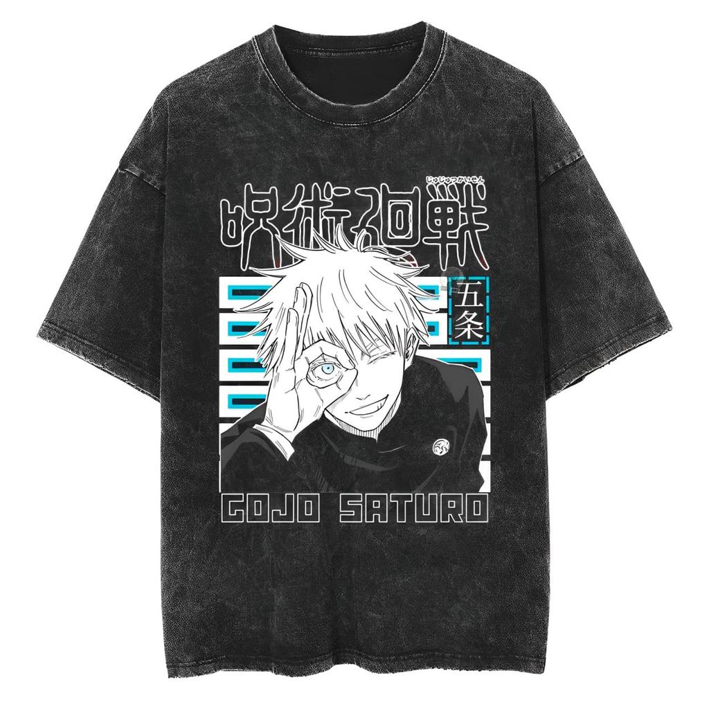 Jujutsu Kaisen Gojo Satoru T Shirt Blue Box Graphic Men Acid Wash Oversized Streetwear Anime Retro Cotton Top Tee