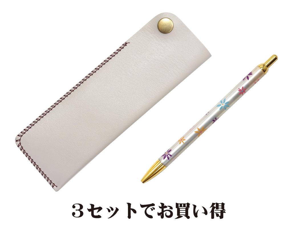 Takizawa White Pen Case with Floral Ballpoint Pen Set Hook-and-Loop (3-Pack) T23-NK01W-HS380B-3