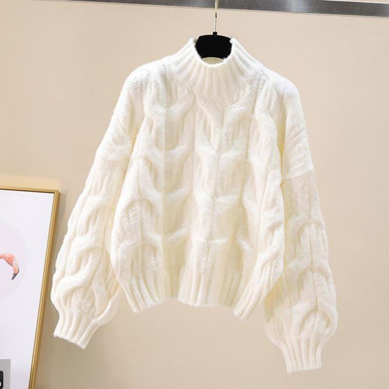 Sweter damski w stylu koreańskim z dzianiny warkoczowej z rękawami typu latarnia – luźny krój, gładki, pulower na jesień/zimę