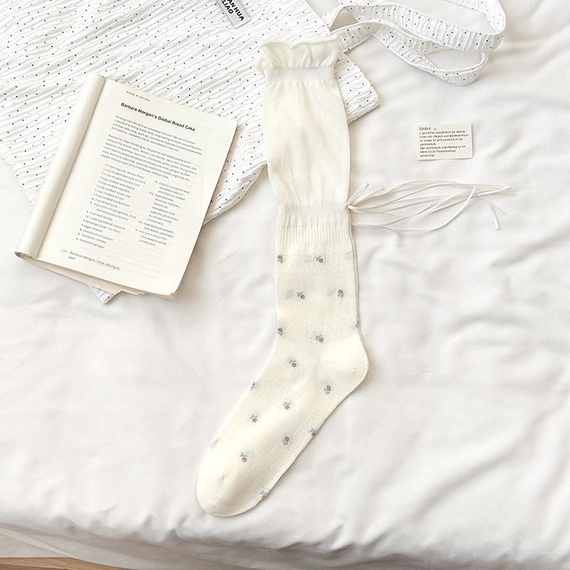 Women's Ballet-Style Ruffled Mesh Socks - Breathable, Anti-Pilling Cotton, Korean Style, Lace-Up Design