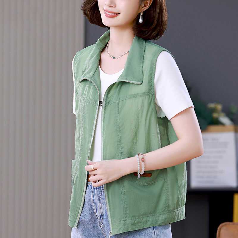 Γυναικείο γράμμα μόδας κέντημα Αμάνικο λεπτό αντηλιακό γιλέκο Μπουφάν Άνοιξη Καλοκαίρι μασίφ πέτο Χαλαρές τσέπες Γιλέκο με φερμουάρ