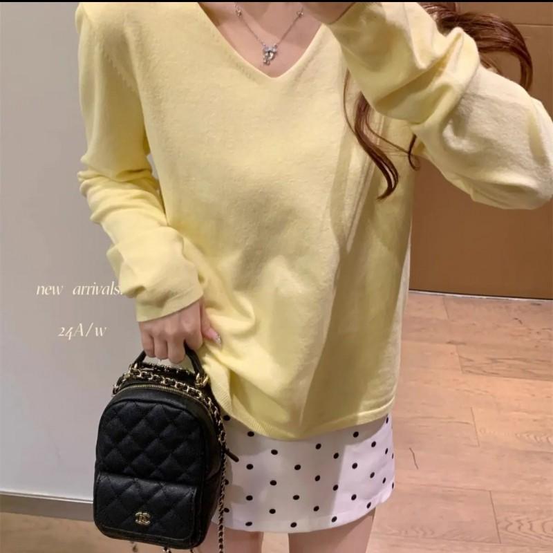 Womens V-Neck Long Sleeve Knit Sweater Loose Fit Solid Color Casual Basic Top Winter