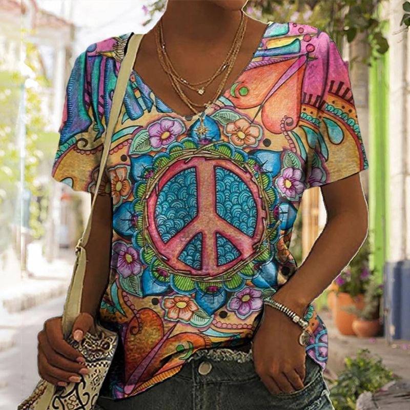 Damen T-Shirt mit Print, Künstlerisches Kurzarm-V-Ausschnitt Sommeroberteil, Stilvoll und Trendig