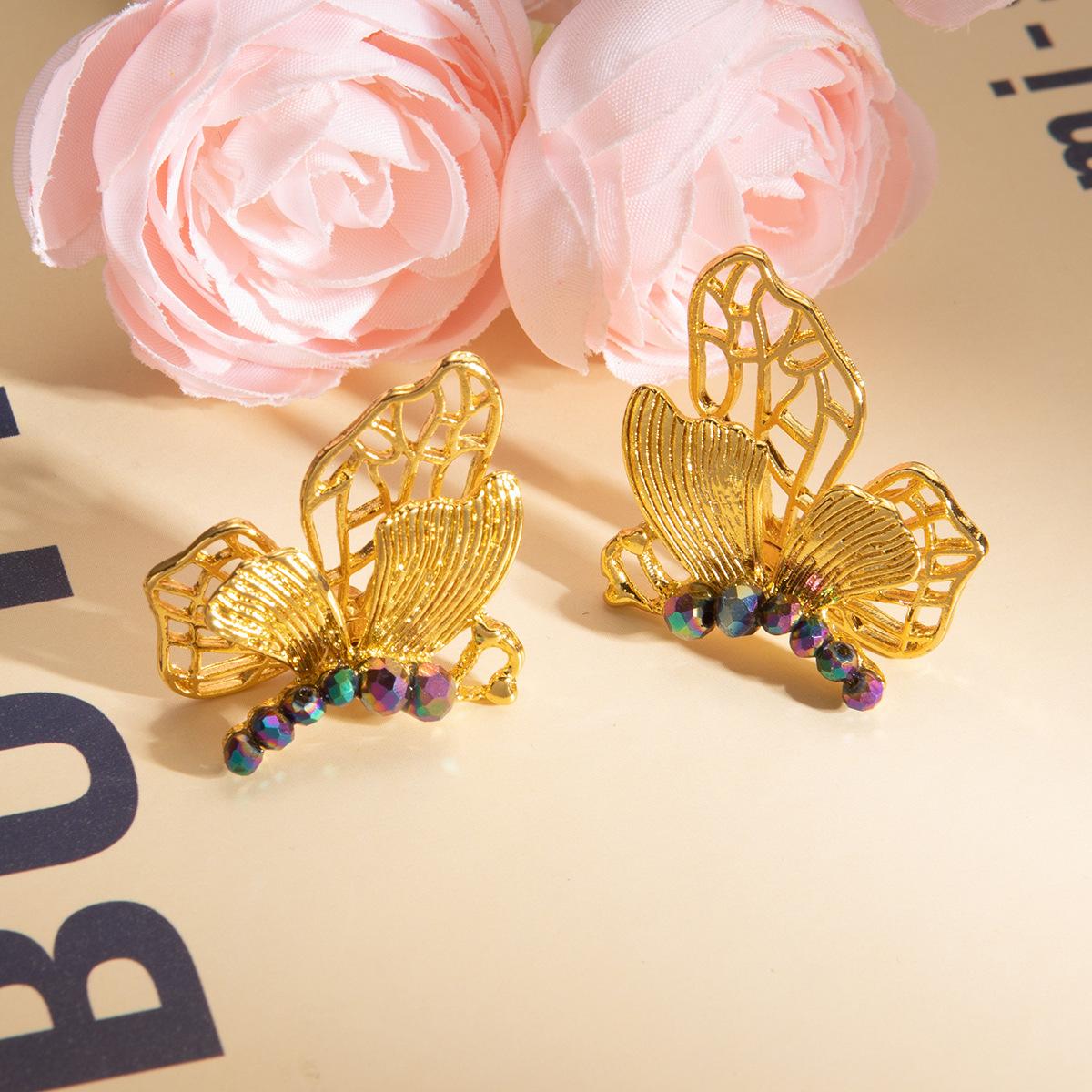 Французские Ретро Цветные Алмазные Бабочки Полые Серьги-Гвоздики, Средневековый Винтажный Легкий Люкс Металлический Стиль Серьги с Характером