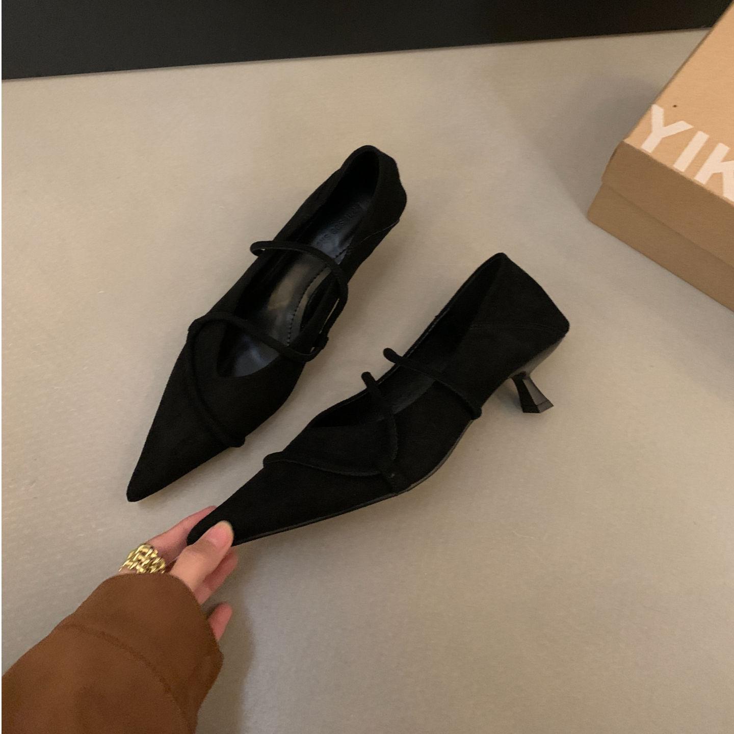 

French retro suede pointed toe thin heel Mary Jane single shoes women s 2025 autumn new commuter kitten and evening shoes 41 чорний