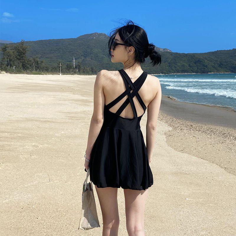 Beachwear Dress One-Piece Bikini Suits Ruffle Pleated Crew Skirt Swimwear Criss Cross Back Bandage Casual Elegant Bikini