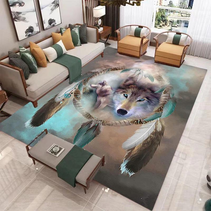Wolf Carpet Wild Animal Doormat Bohemia Style Dreamcatcher Area Rug for Living Room Bathroom Decor Woodland Wildlife Floor Mat