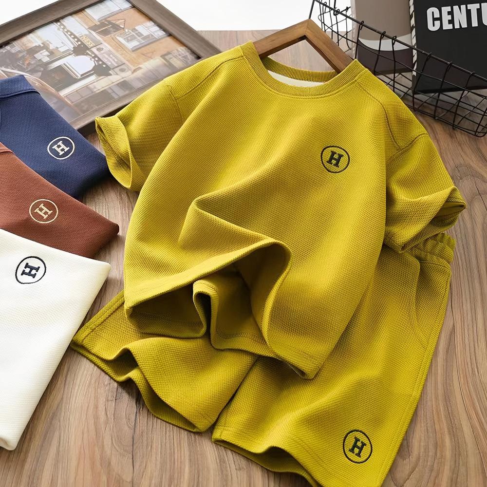 Boys' Summer Waffle Short-sleeved Suit, Big Boys, Boys and Children's Casual Two-piece Summer Suit