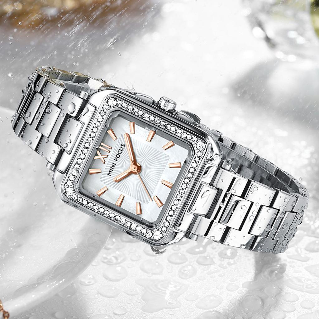 MINIFOCUS Women's Light Luxury Watch with Square Case Mother-of-Pearl Dial Stainless Steel Strap Luminous Hands Relogios