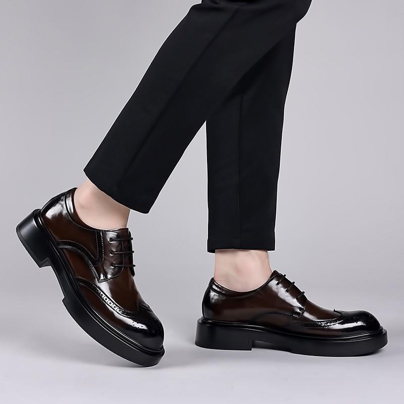 Mens Genuine Leather Oxford Shoes Round Toe Brogue Business Dress Comfortable Thick Sole Rubber