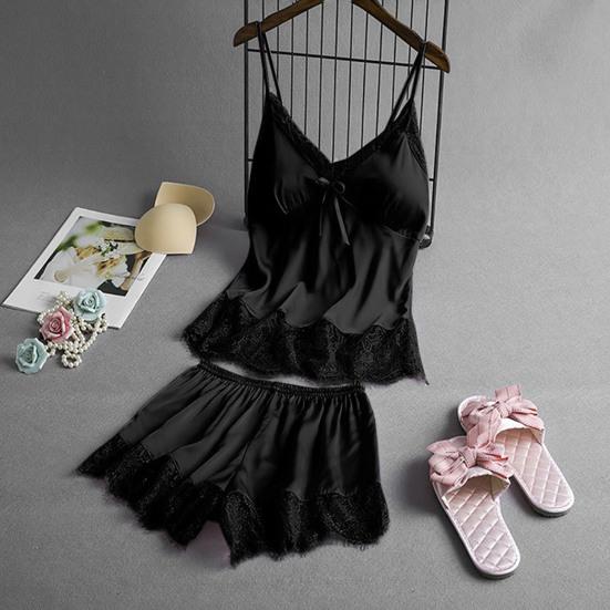 Women's Satin Pajamas Set Lace Cami Top And Shorts Two Piece Sleepwear with Built-in Bra Sexy Camisole Lounge Set