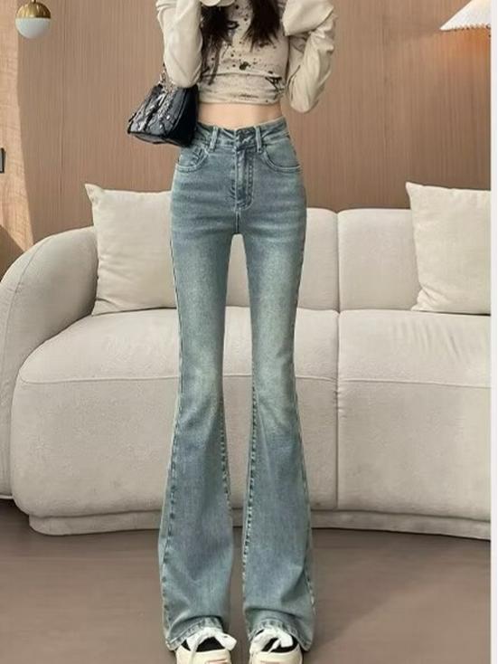 Trendy Women s High-Waisted Flared Jeans – Slimming, Stretchy, Bell Bottom, Floor-Length, Perfect for Spring and Summer Small