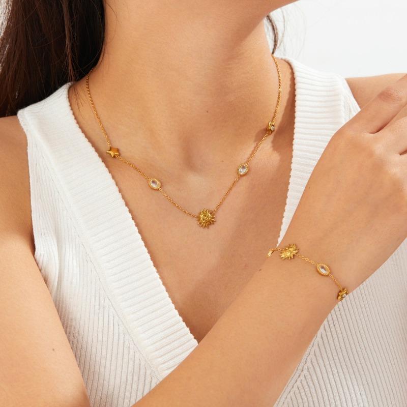 Sun Star Gold Jewelry Set Zircon Necklace Earrings Bracelet