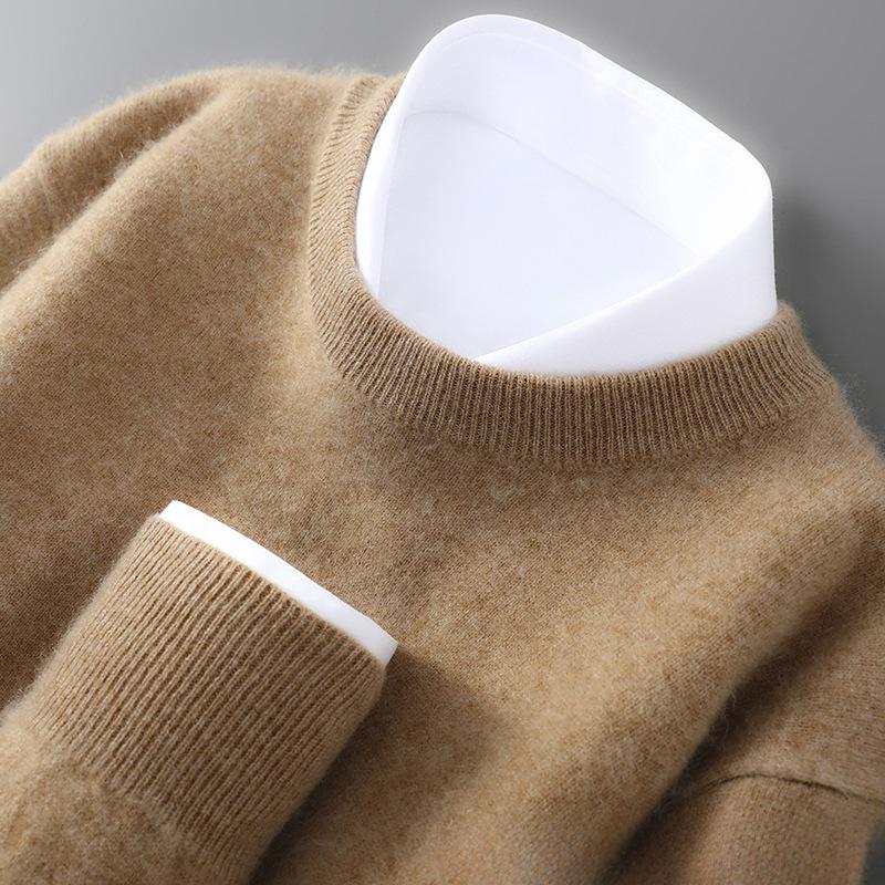 Men's 100% Pure Wool Round Neck Loose Pullover Sweater - Plus Size Cashmere Knit Base Layer for Autumn/Winter