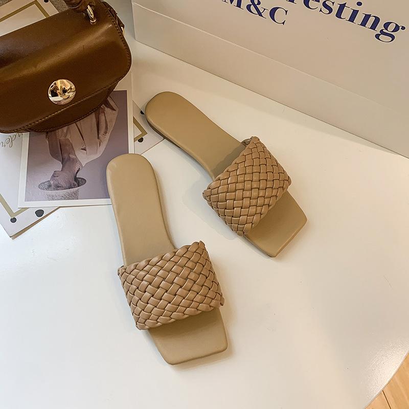 

Женские сандалии-шлепанцы с квадратным открытым носком. Симпатичные сандалии без шнуровки на плоской подошве с плетеным ремешком. Тканые сандалии-шлепанцы. Стильные и легкие летние тапочки для женщин. 38 хаки