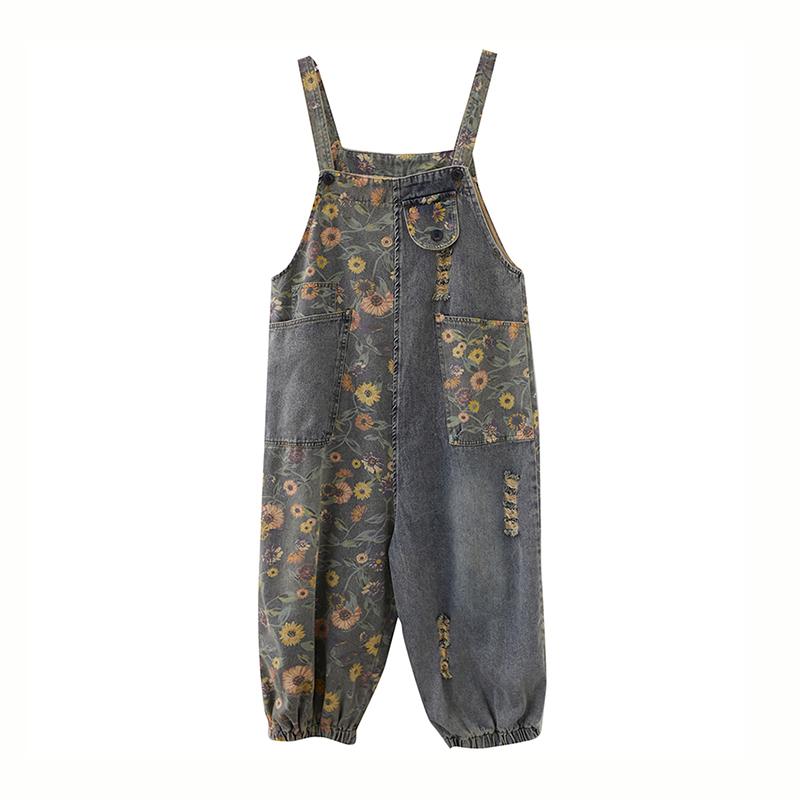 Salopette in denim con stampa floreale oversize casual per donna, jeans larghi a gamba larga, tute e tute cargo con cinturini, pantaloni larghi