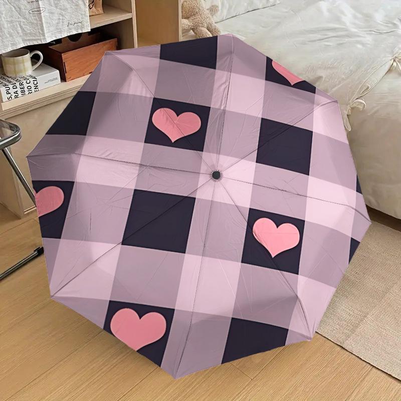 

1pc Heart Checkered Pattern Automatic Folding Umbrella, Casual Outdoor Accessory, Birthday Festival Gift yy251126128
